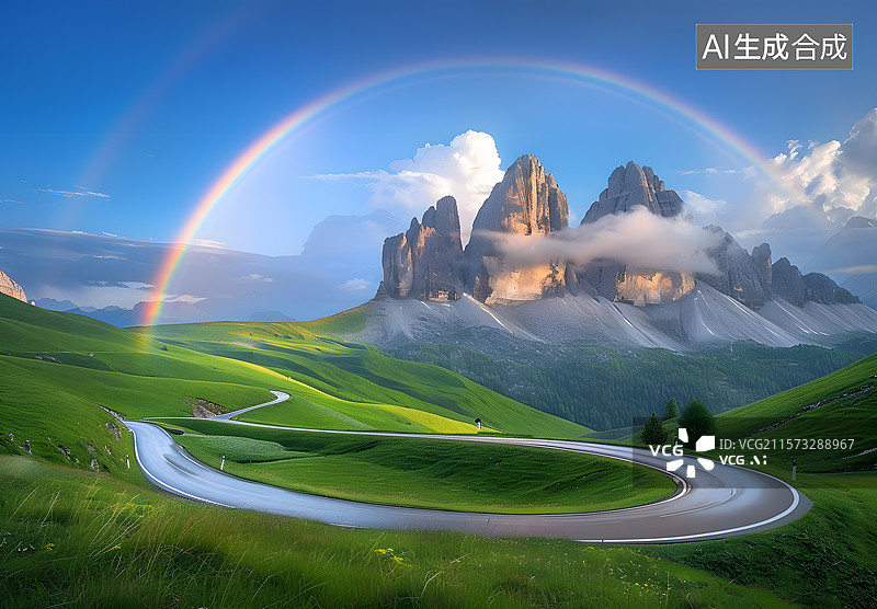 【AI数字艺术】彩虹下的高山和草原图片素材