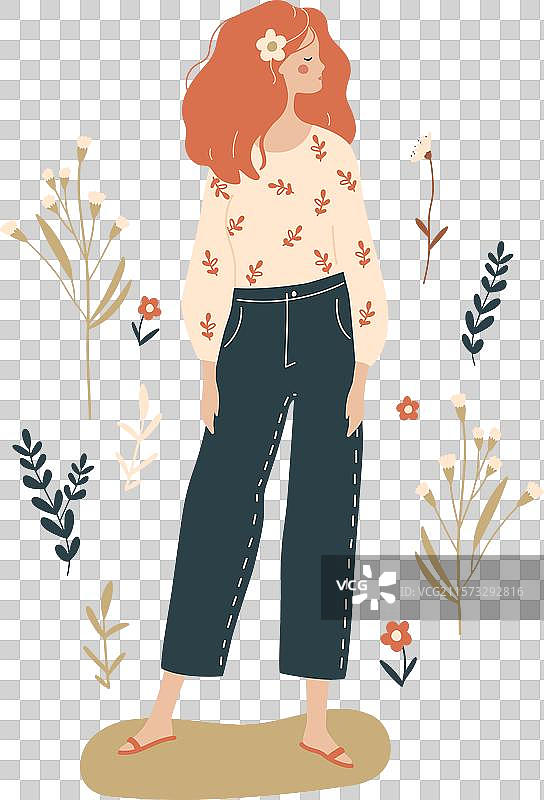 一个年轻女孩站在开阔地带，周围是鲜花。图片素材