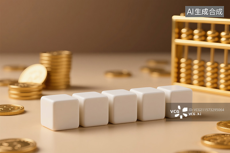 【AI数字艺术】写实商务风格社保缴费主题画面五块白色哑光立方体积木图片素材