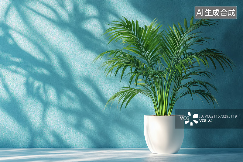 【AI数字艺术】蓝色的粉刷墙体，盆栽植物散尾葵图片素材
