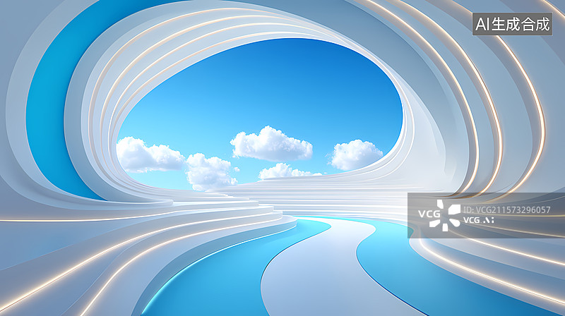 【AI数字艺术】蓝白弧形通道通向天空图片素材