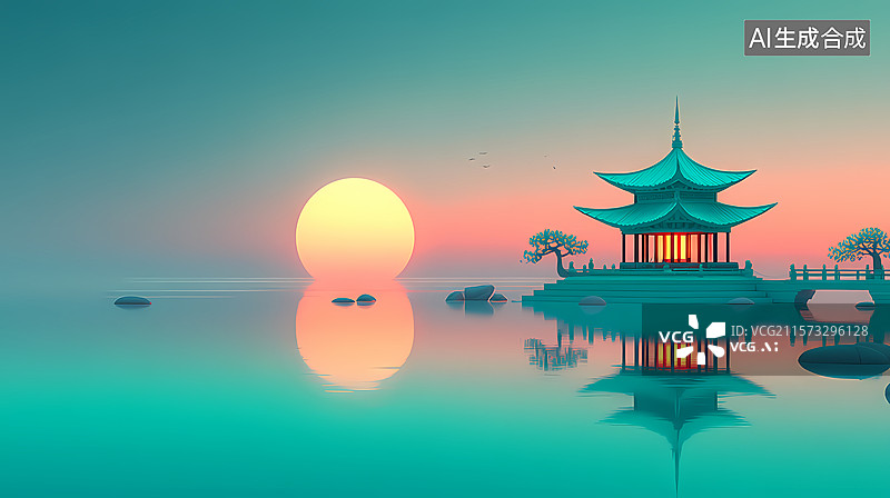 【AI数字艺术】夕阳下的中式亭台湖景图片素材