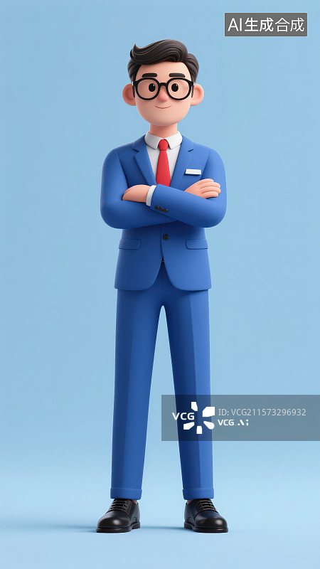 【AI数字艺术】戴着黑框眼镜穿着蓝色西装正装双臂交叉站着的卡通男性商务人士图片素材