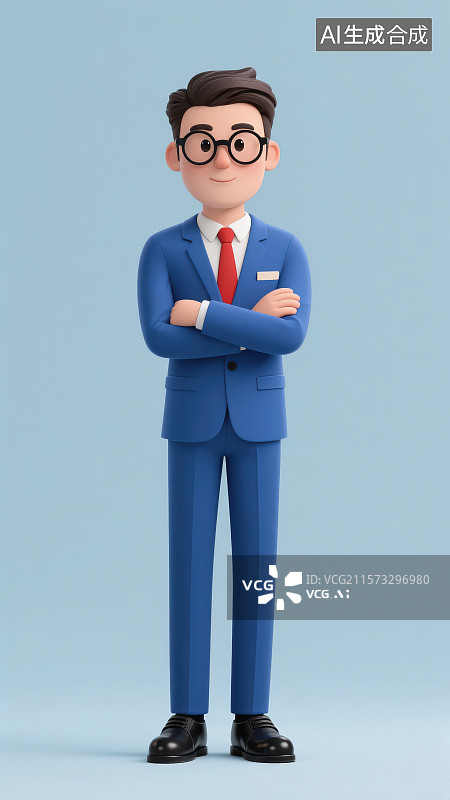 【AI数字艺术】戴着黑框眼镜穿着蓝色西装正装双臂交叉站着的卡通男性商务人士图片素材