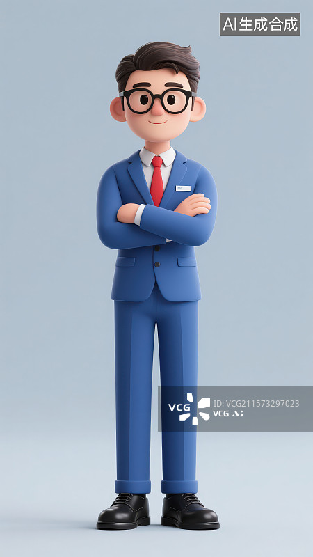 【AI数字艺术】戴着黑框眼镜穿着蓝色西装正装双臂交叉站着的卡通男性商务人士图片素材