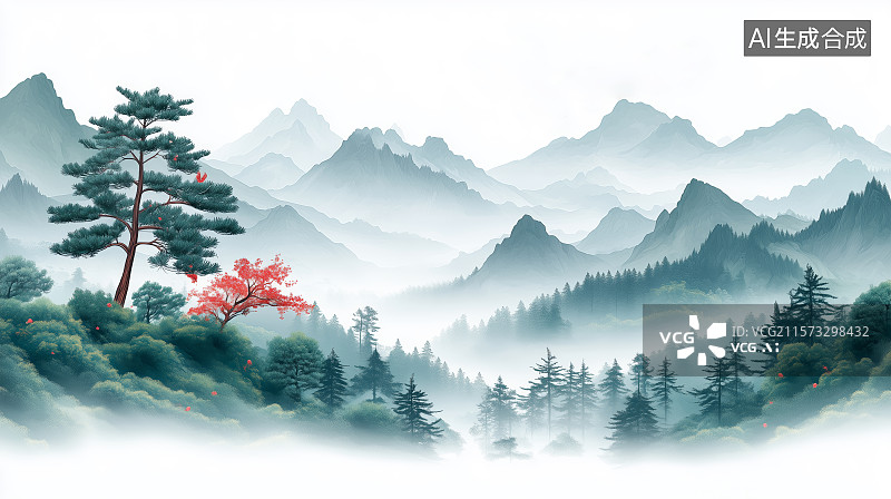 【AI数字艺术】晨雾中的山峰树木图片素材