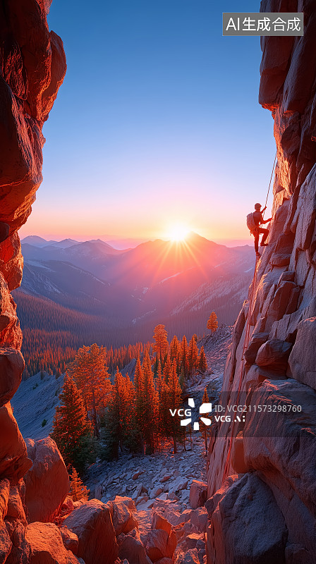 【AI数字艺术】登山者在夕阳下攀岩图片素材
