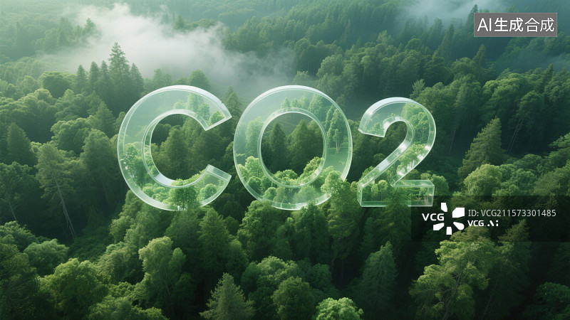 【AI数字艺术】高空俯视下森林背景中带有透明森林景观 “CO₂”文字的画面，生态环保负氧离子森林概念背景图片素材