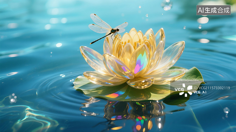 【AI数字艺术】夏日琉璃莲花七彩光斑鱼群游动荷叶梦幻场景图片素材