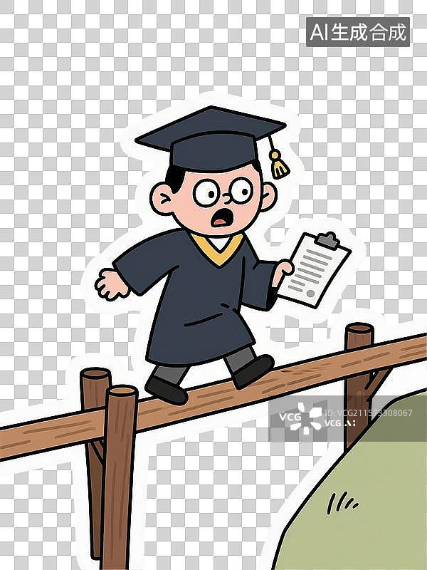 【AI数字艺术】戴学士帽颤颤大学毕业学生巍巍走独木桥的卡通插画形象图片素材