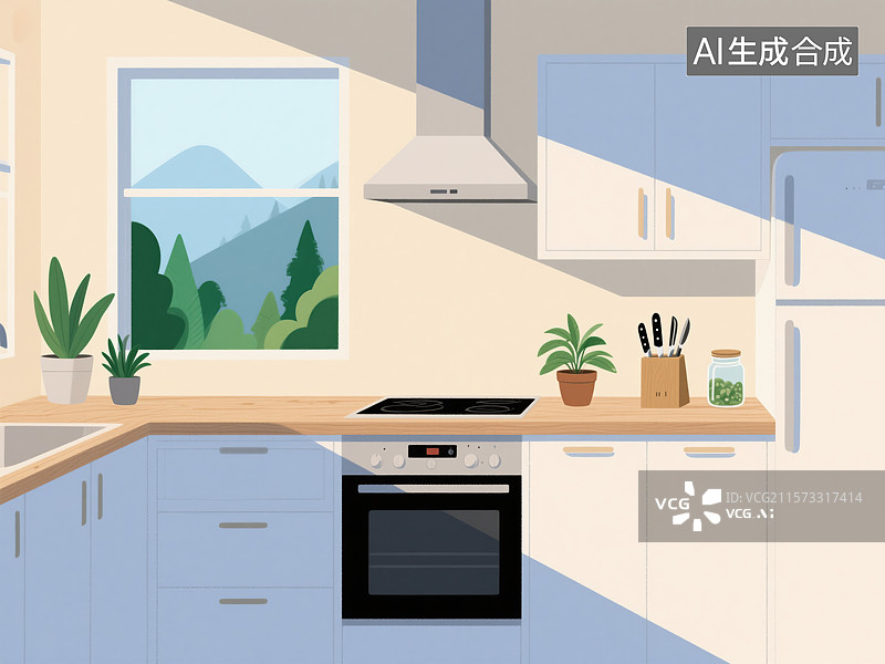 【AI数字艺术】窗畔森景：简约厨房的治愈日常图片素材