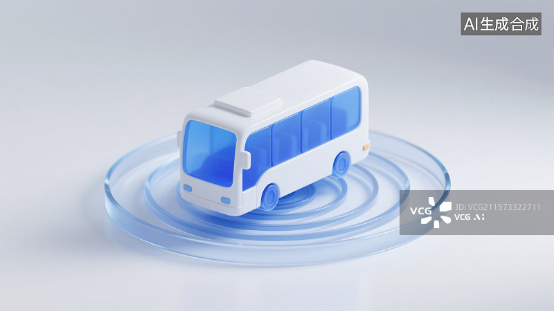 【AI数字艺术】3D渲染同心声纳波纹底座上蓝色透明磨砂玻璃质感大巴车图片素材