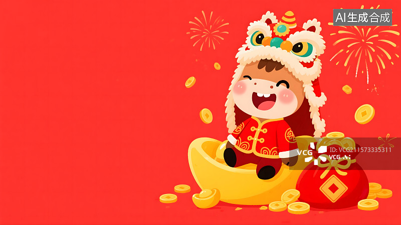 【AI数字艺术】卡通马坐在金元宝上2D卡通背景居右图片素材