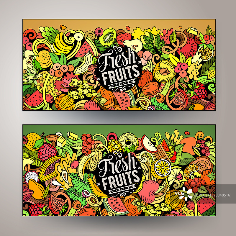 新鲜水果横幅的卡通涂鸦套装图片素材