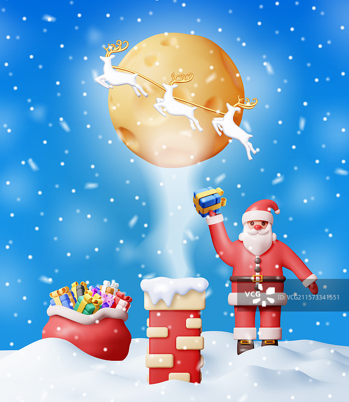3D圣诞老人手持礼物和房屋烟囱图片素材