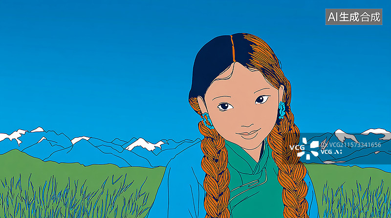 【AI数字艺术】田园牧歌，少数民族风，藏族少女插画图片素材