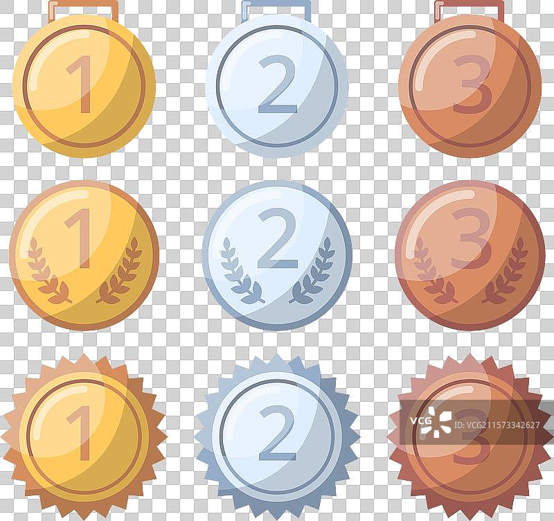 卡通风格的各种颜色奖牌，没有图片素材