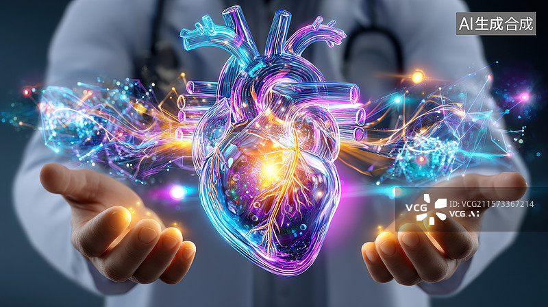 【AI数字艺术】医生手中的全息心脏图像图片素材