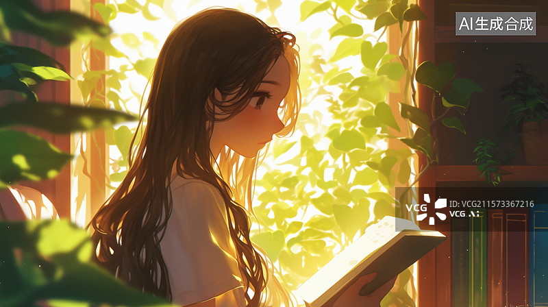 【AI数字艺术】少女在窗边读书图片素材