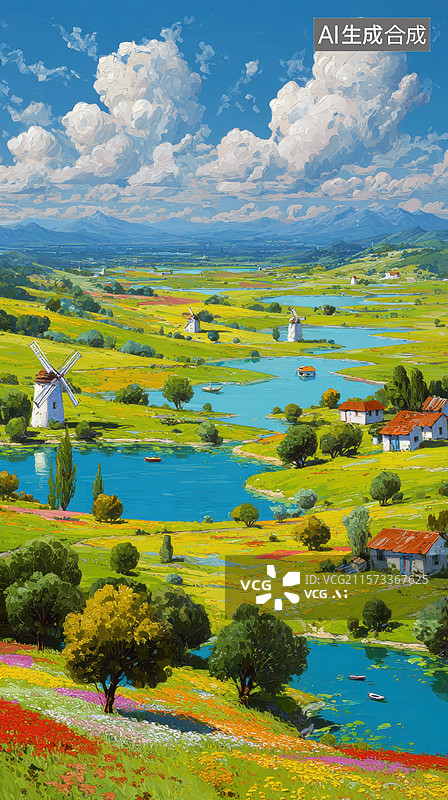 【AI数字艺术】乡村风光：风车与河流的和谐画卷图片素材