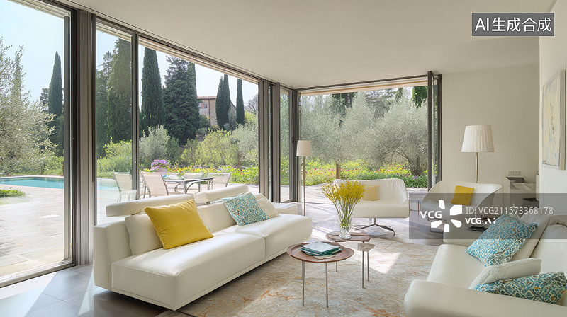 【AI数字艺术】现代客厅与户外花园景观图片素材