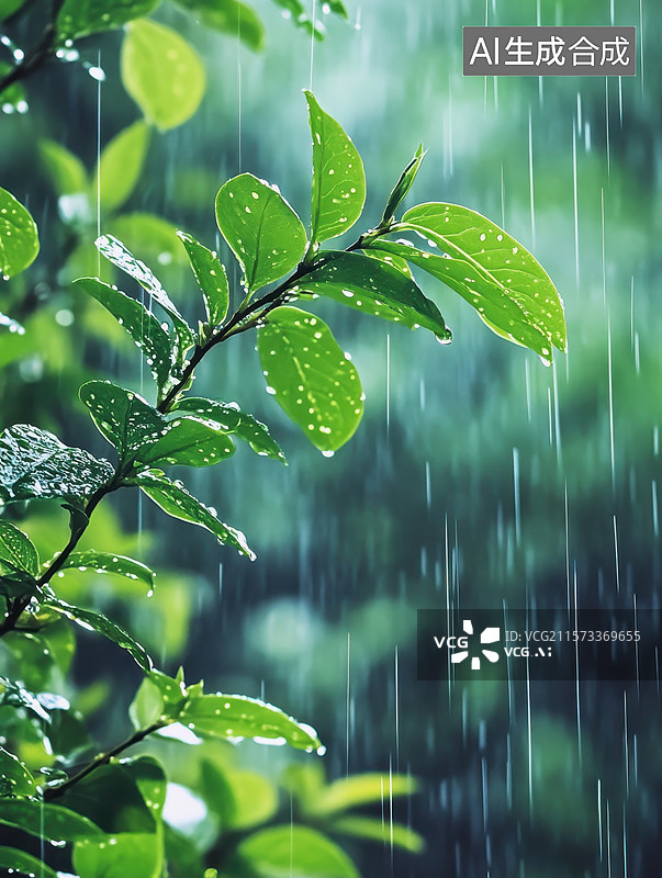 【AI数字艺术】雨中绿叶，清新自然图片素材