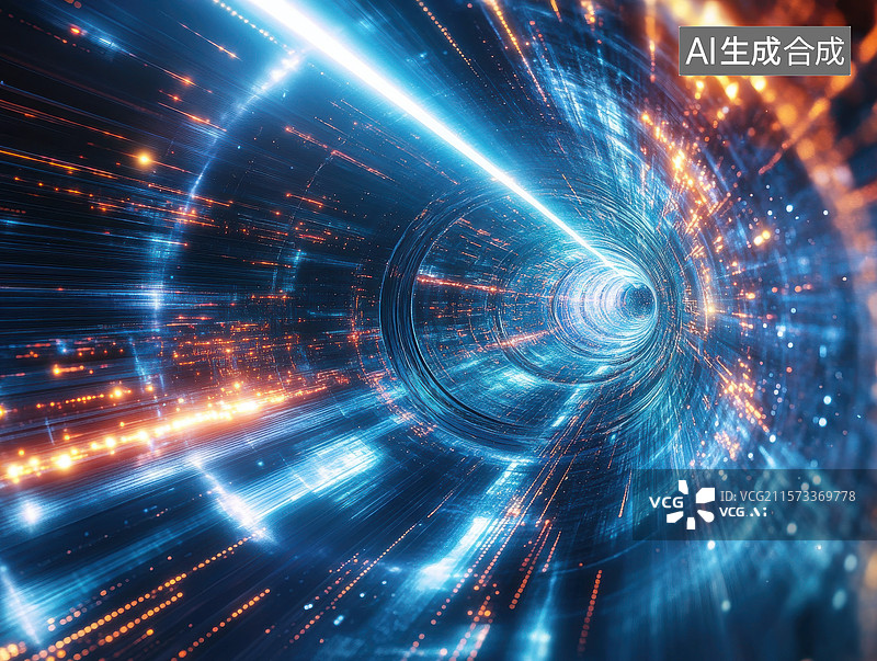 【AI数字艺术】光速隧道的未来科技景象图片素材