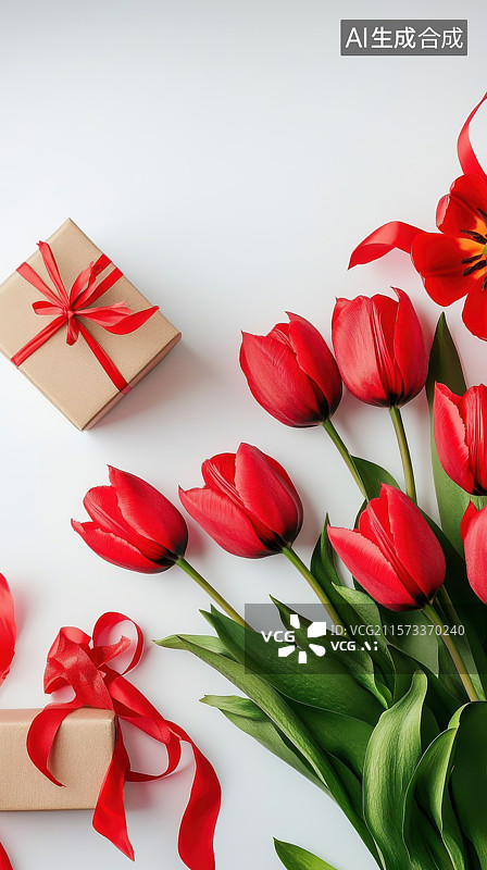 【AI数字艺术】红色郁金香与礼物盒的温馨布置图片素材