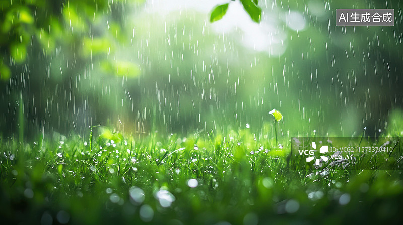 【AI数字艺术】雨中绿草与树叶的清新景象图片素材