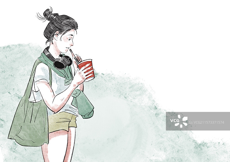 清新手绘风时尚购物女孩插画图片素材