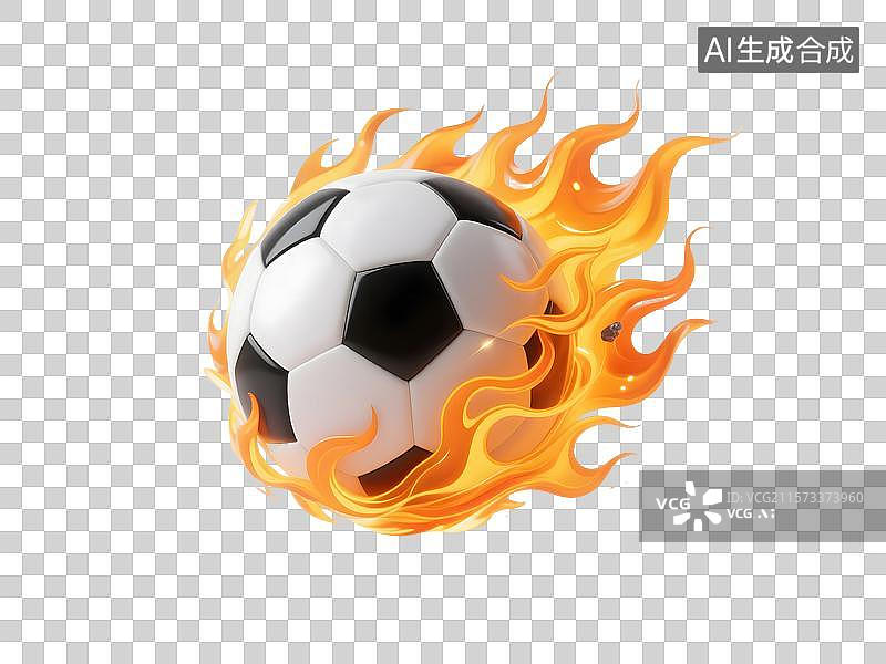 【AI数字艺术】3D创意插画：经典黑白足球伴橙黄火焰的炽热激昂场景图片素材