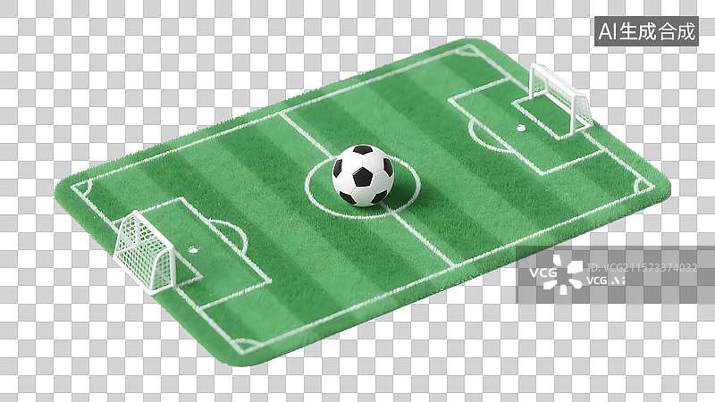 【AI数字艺术】3D迷你足球场插画：经典黑白足球置于中圈的足球运动氛围呈现图片素材