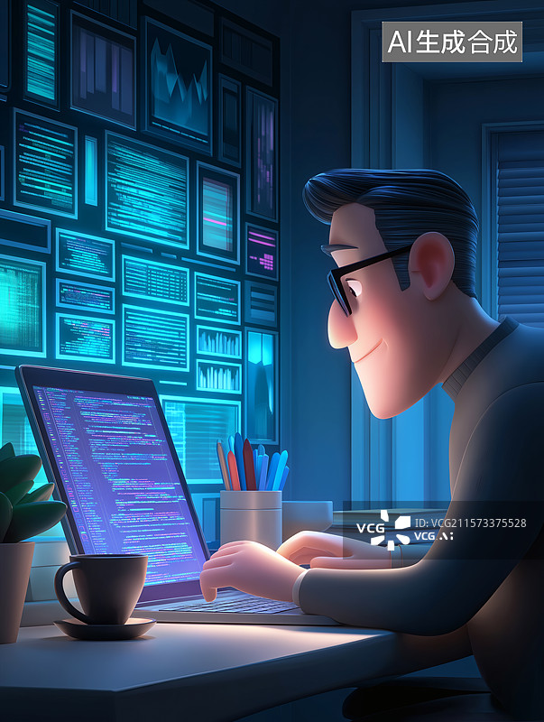 【AI数字艺术】深夜一个程序员在工作写代码图片素材