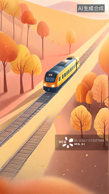 【AI数字艺术】秋日下经过山脉树林的火车插画图片素材