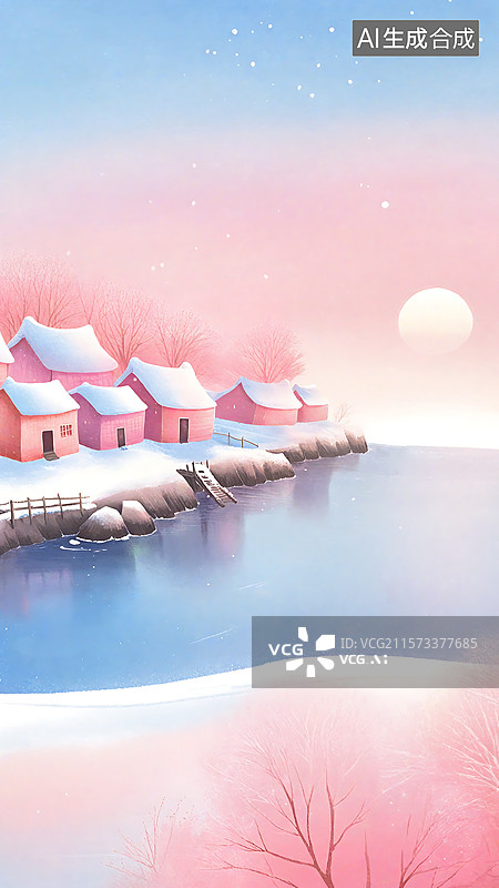 【AI数字艺术】粉色的海湾小镇插画图片素材