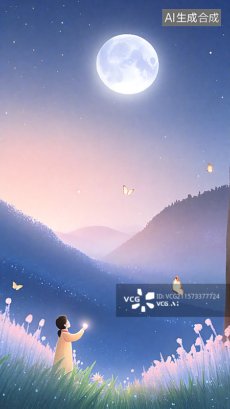 【AI数字艺术】夜晚下的山脉和花田插画图片素材