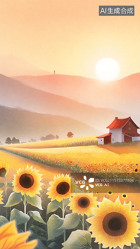 【AI数字艺术】金色向日葵田野风光插画图片素材