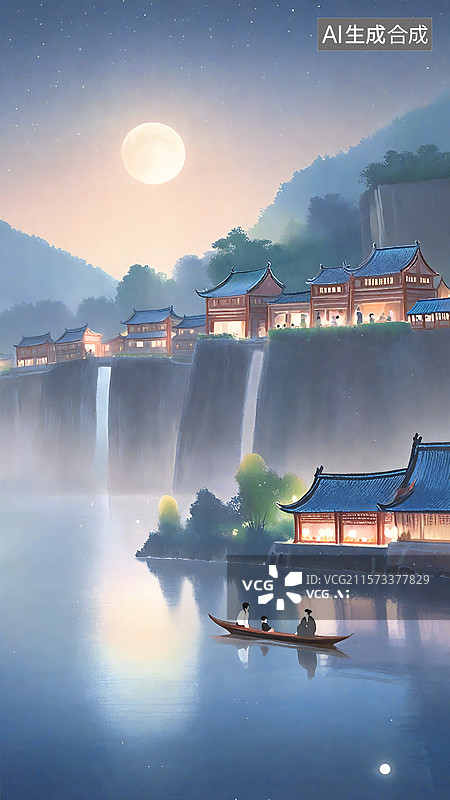 【AI数字艺术】夜晚下的古镇和湖面插画图片素材