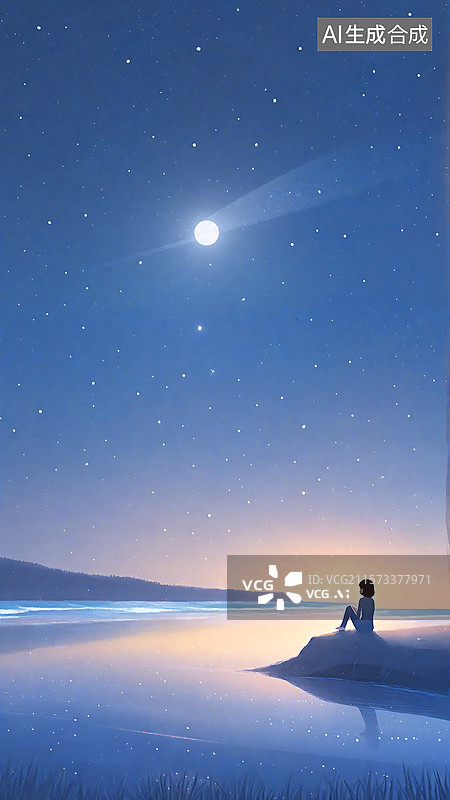 【AI数字艺术】在夜空下沉思的小女孩插画图片素材