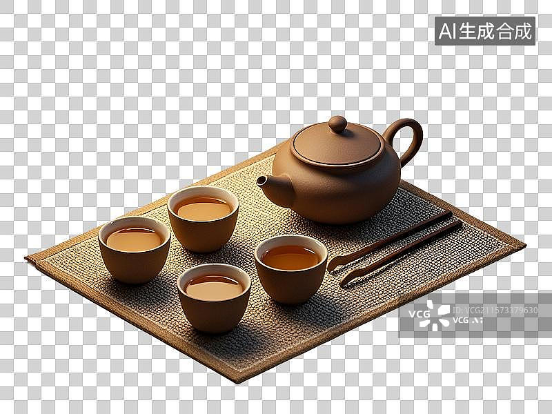【AI数字艺术】3D渲染，垫子上的茶具，茶壶茶杯，茶叶，茶文化，茶道免抠元素图片素材
