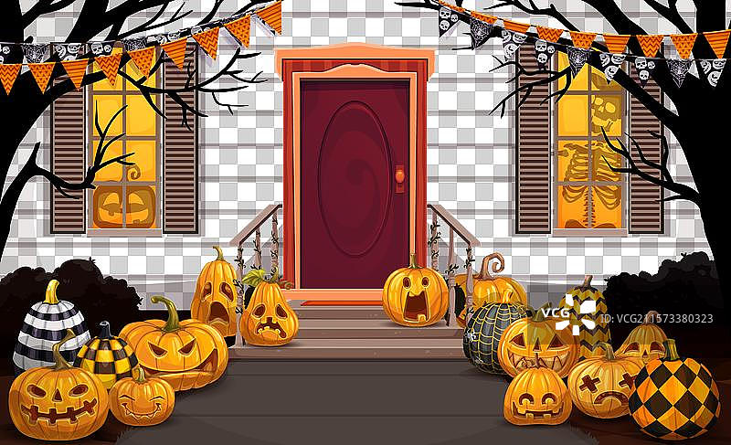 万圣节门廊装饰，恐怖的南瓜和旗帜图片素材