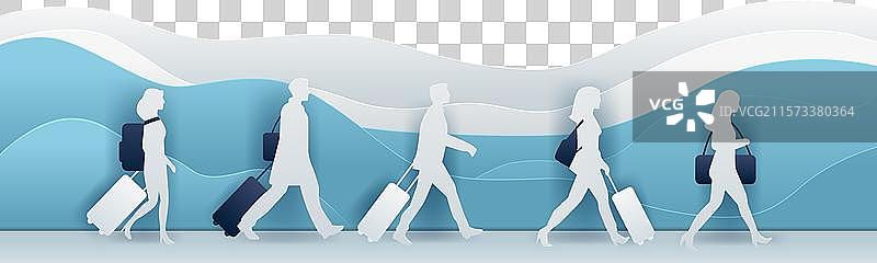 旅行者们拖着行李，剪纸风格图片素材