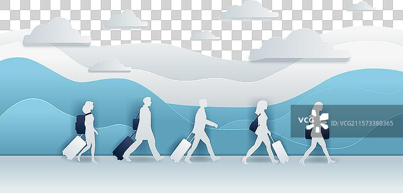 行李旅行者排成一行走的剪纸艺术图片素材