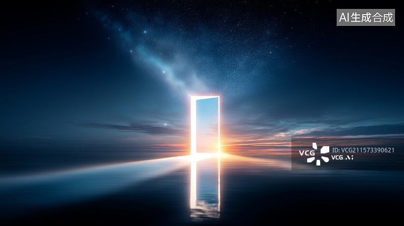 【AI数字艺术】互联网科技背景——水上发光抽象大门与星空图片素材