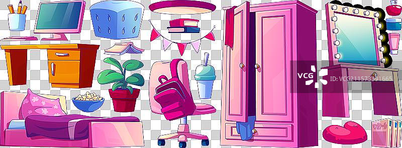 少女房间室内粉色家具套装图片素材