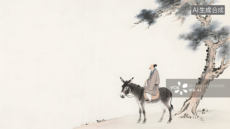 【AI数字艺术】水墨画毛驴古人骑驴居右图片素材