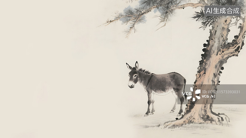 【AI数字艺术】水墨画毛驴古人骑驴居右图片素材