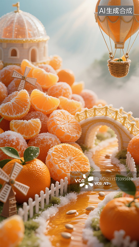 【AI数字艺术】微缩景观中的砂糖橘童话王国，数百颗晶莹砂糖橘堆砌成山丘，橘子瓣形成半透明拱桥，橘络编织成金色吊床图片素材