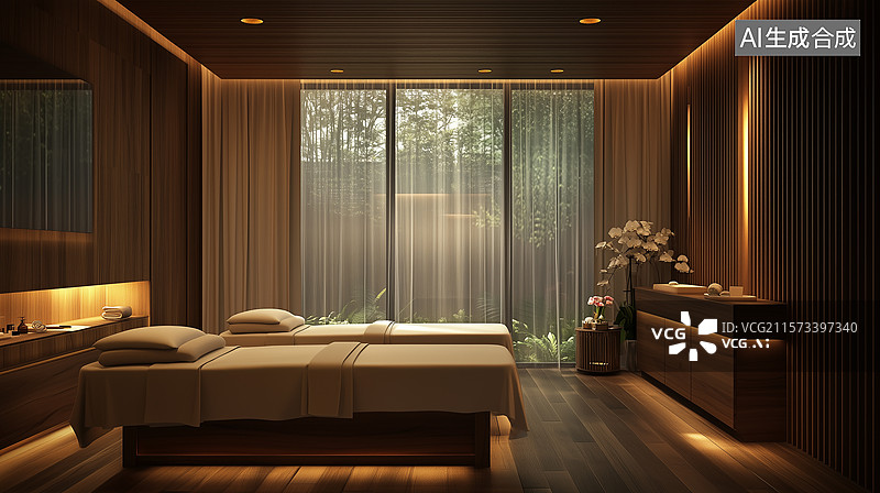 【AI数字艺术】奢华水疗室：双按摩床与宁静现代的木质空间图片素材