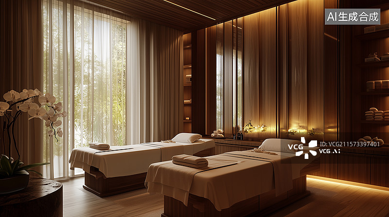 【AI数字艺术】奢华水疗室：双按摩床与宁静现代的木质空间图片素材